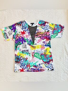 Multicolor Graffiti Mesh Lace Crewneck Urban Street T-shirt Top Women M